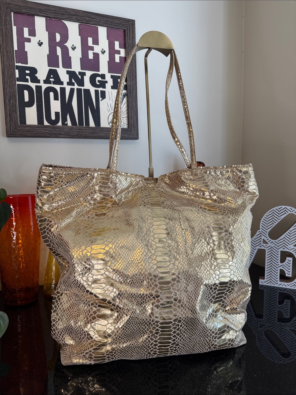 Carlos Falchi Metallic Gold Python-Embossed Tote w/Pouch